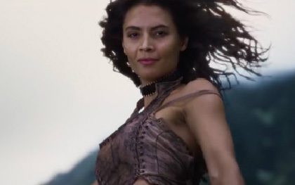 Woman in nature wearing a leather outfit