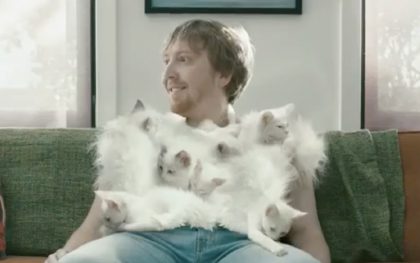 Man covered in fluffy white kittens